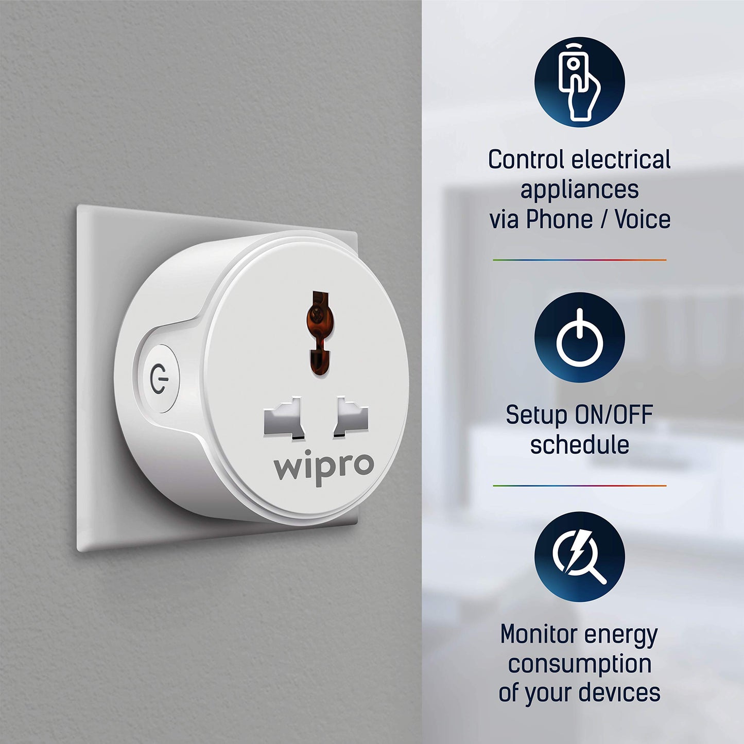 Wipro 10A smart plug with Energy monitoring- Suitable for small appliances like TVs, Electric Kettle, Mobile and Laptop Chargers (Works with Alexa and Google Assistant) (DSP1100)