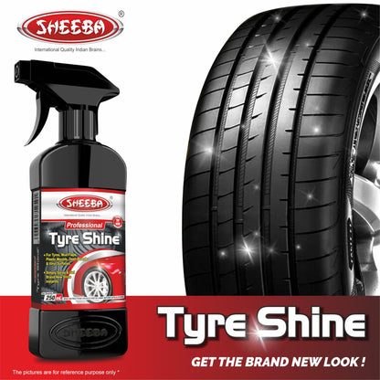 SHEEBA TYRE SHINE Polish with foam applicator pad for Cars & Bikes, Original Back to Black look, Long Lasting Results, for Rubber, Plastic Parts, Prevents Premature Ageing, Dullness, Non Greasy: 250mL