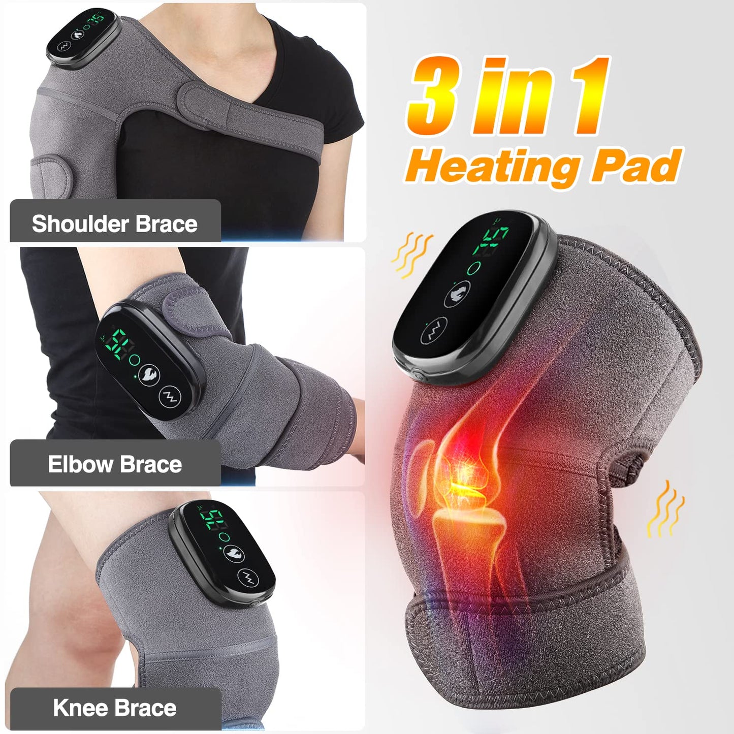 Heated Knee Massager Shoulder Heating Pads Elbow Brace 3 in 1 with Vibration, Cordless Rechargeable Heating Knee Warmers Wrap for Shoulder Elbow Knee Stress Relief