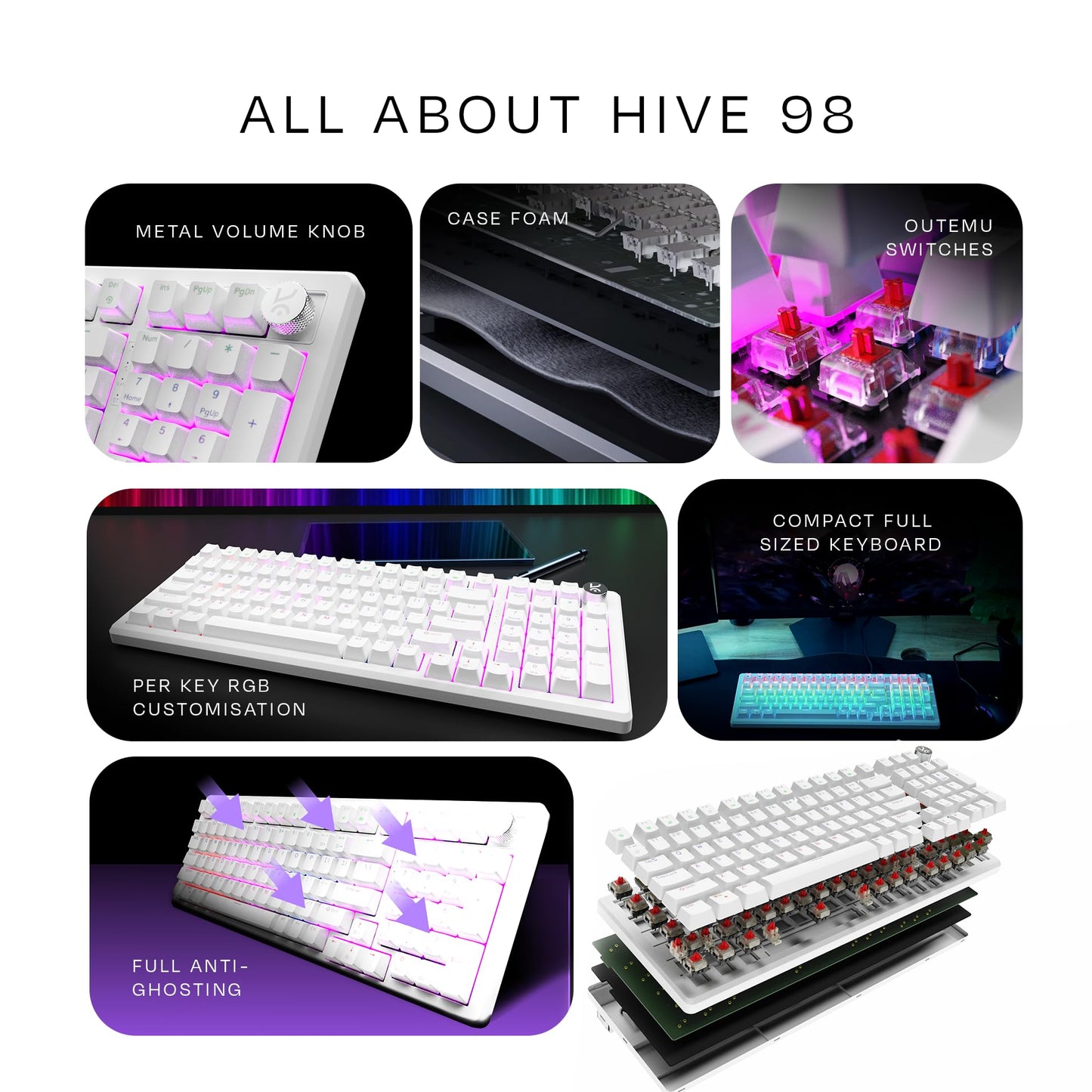 Kreo Hive Wired Full Size RGB Backlight Gaming Mechanical Keyboard, Customizable RGB, Mechanical Switches, NKRO, Metal Volume Knob, All White Keycaps (All White, Red Switch)