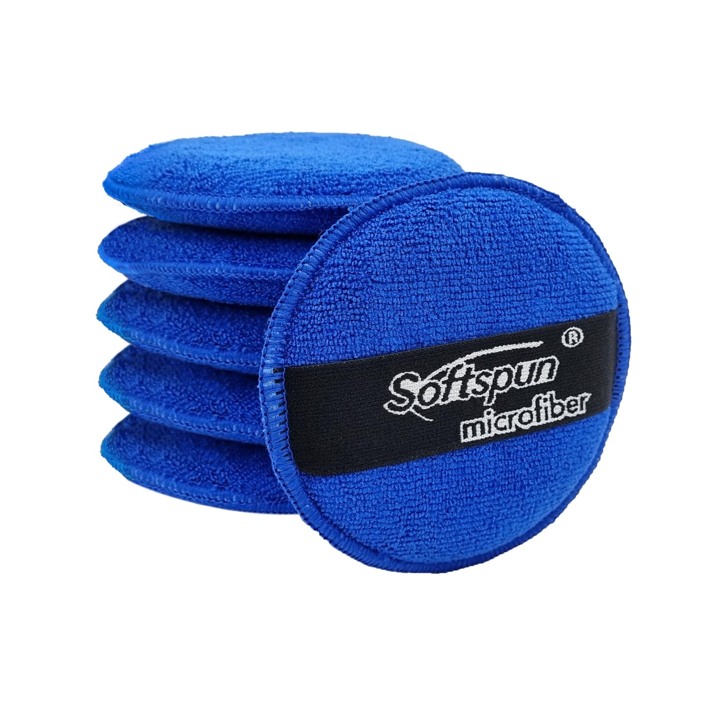 SOFTSPUN Microfiber Reusable Round Polishing Pad, 6 Pieces Set 340 GSM (Blue) Multipurpose. Ultra-Soft Application Pads with Finger Band Perfect Cleaning for Car, Bike, Window and More.…