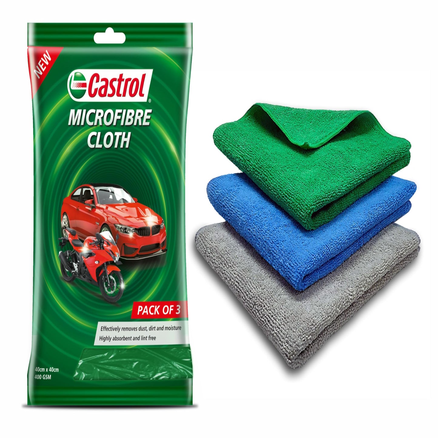 Castrol Microfibre Cloth for Cleaning | 400 GSM Thick Lint & Streak-Free Multipurpose and Reusable Cloth | High Water Absorption and Retention for Effortless Cleaning (Pack of 3, 40x40cm)