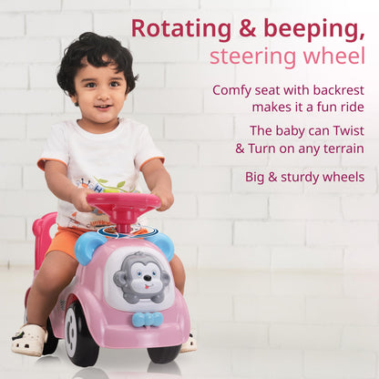 LuvLap Sunny Ride on & Car for Kids with Music & Horn Steering, Push Car for Baby with Backrest, Safety Guard, Under Seat Storage & Big Wheels, Ride on for Kids 1 to 3 Years Upto 25 Kgs (Pink)