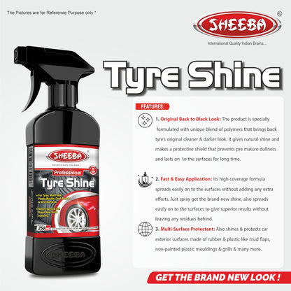 SHEEBA TYRE SHINE Polish with foam applicator pad for Cars & Bikes, Original Back to Black look, Long Lasting Results, for Rubber, Plastic Parts, Prevents Premature Ageing, Dullness, Non Greasy: 250mL