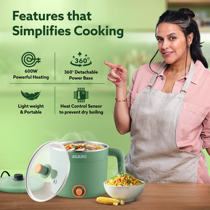 AGARO Regency Multi Cook Kettle With Steamer, 1.2L Inner Pot, Double Layered Body, Variable Temperature Settings, Wide Mouth, Boiling, Steaming, Tea, Coffee, Egg, Vegetable Boiling, 600W, Sea Green