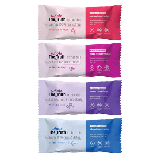 The Whole Truth - Energy Bars - Fudge All! | Pack of 6 x 40g | 2 Almond Choco Fudge, 2 Peanut Choco Fudge, 1 Cocoa Cranberry Fudge, 1 Mocha Almond Fudge | Dairy Free | No Added Sugar | All Natural