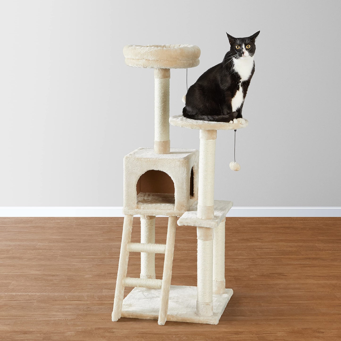 Amazon Basics Multi-Level Cat Tree Indoor Climbing Activity Cat Tower with Scratching Posts, Cave, and Step Ladder, 19 x 19 x 50 Inches, Beige