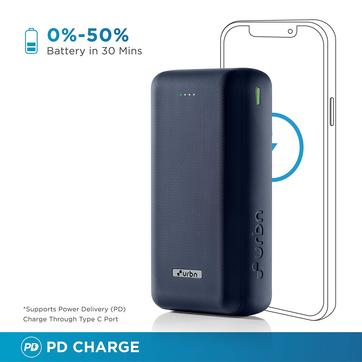 URBN 27000 mAh 22.5W Super Fast Charging Compact Power Bank with Quick Charge & Power Delivery, Type C Input/Output, Made in India, Type C Cable Included (Blue)