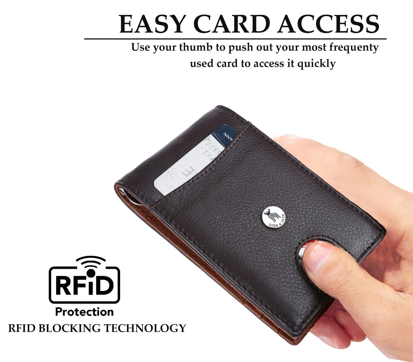 HIDE & SKIN Genuine Leather RFID Money Clip with Coin Pocket (Nappa Brown)