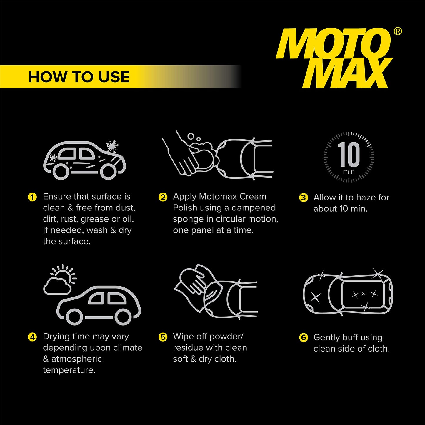 Motomax Bike & Car Cream Polish 230gm | Carnuba Wax & Micro Polishing Agents with Sponge. Protects & Shines Cars, Bike, Motorcycle, Water Repellent Polish for Auto Care needs, Removes Minor scratches