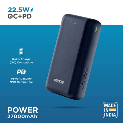 URBN 27000 mAh 22.5W Super Fast Charging Compact Power Bank with Quick Charge & Power Delivery, Type C Input/Output, Made in India, Type C Cable Included (Blue)