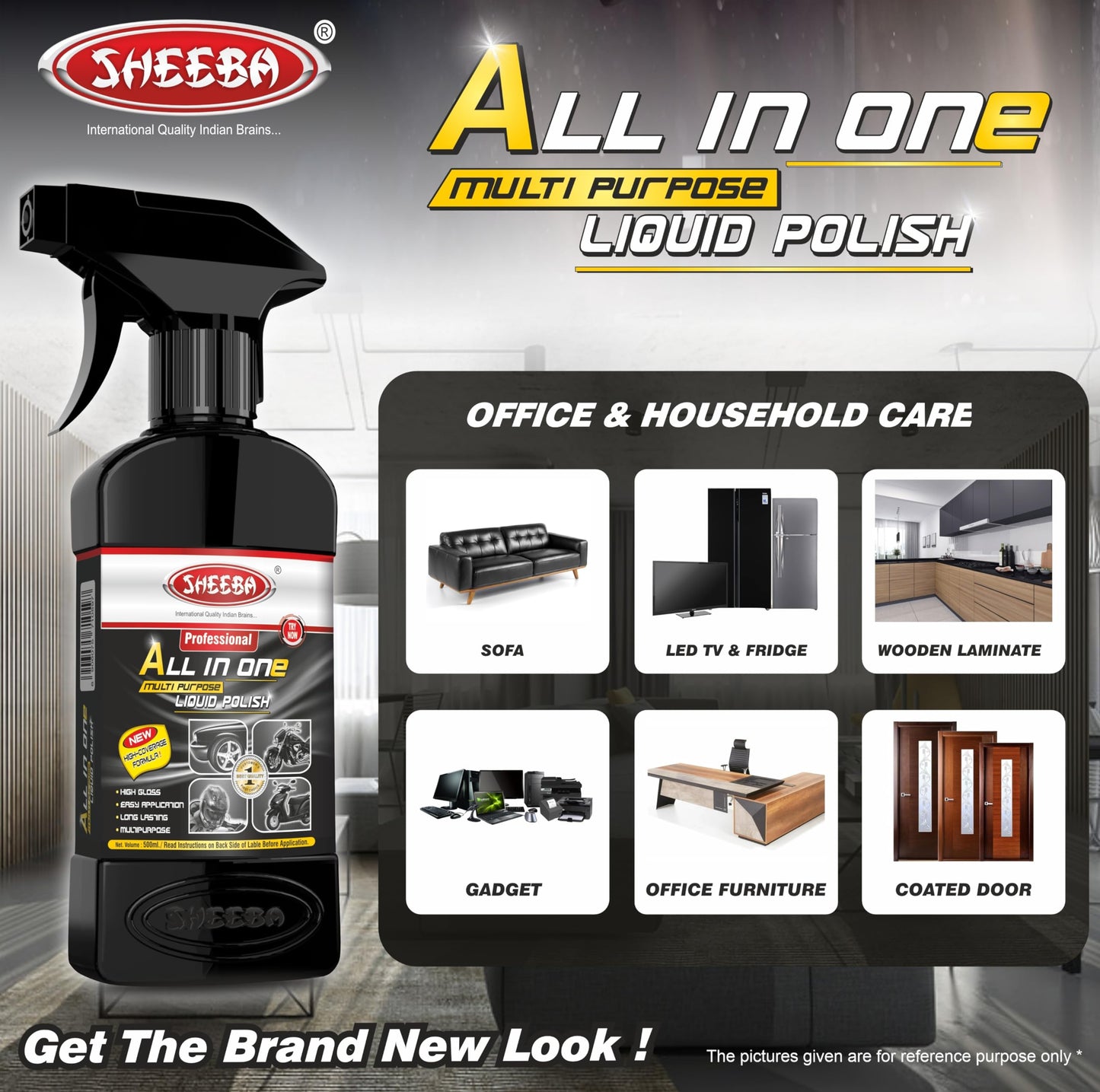 SHEEBA All in One Multipurpose Liquid Polish for Car, Motorbike, Scooter, Household, Office Care | High Gloss | Easy Application | For Interior & Exterior Surfaces -500mL with Applicator Pad.