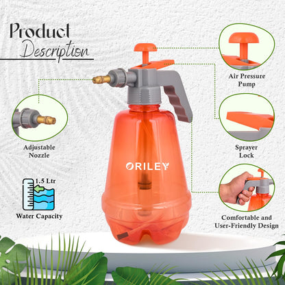 ORILEY Agro 1500ml Pressure Spray Pump Bottle with Adjustable Nozzle Heavy Duty Water Mister for Home Garden Lawn Plants Watering & Cleaning (Random Colour)