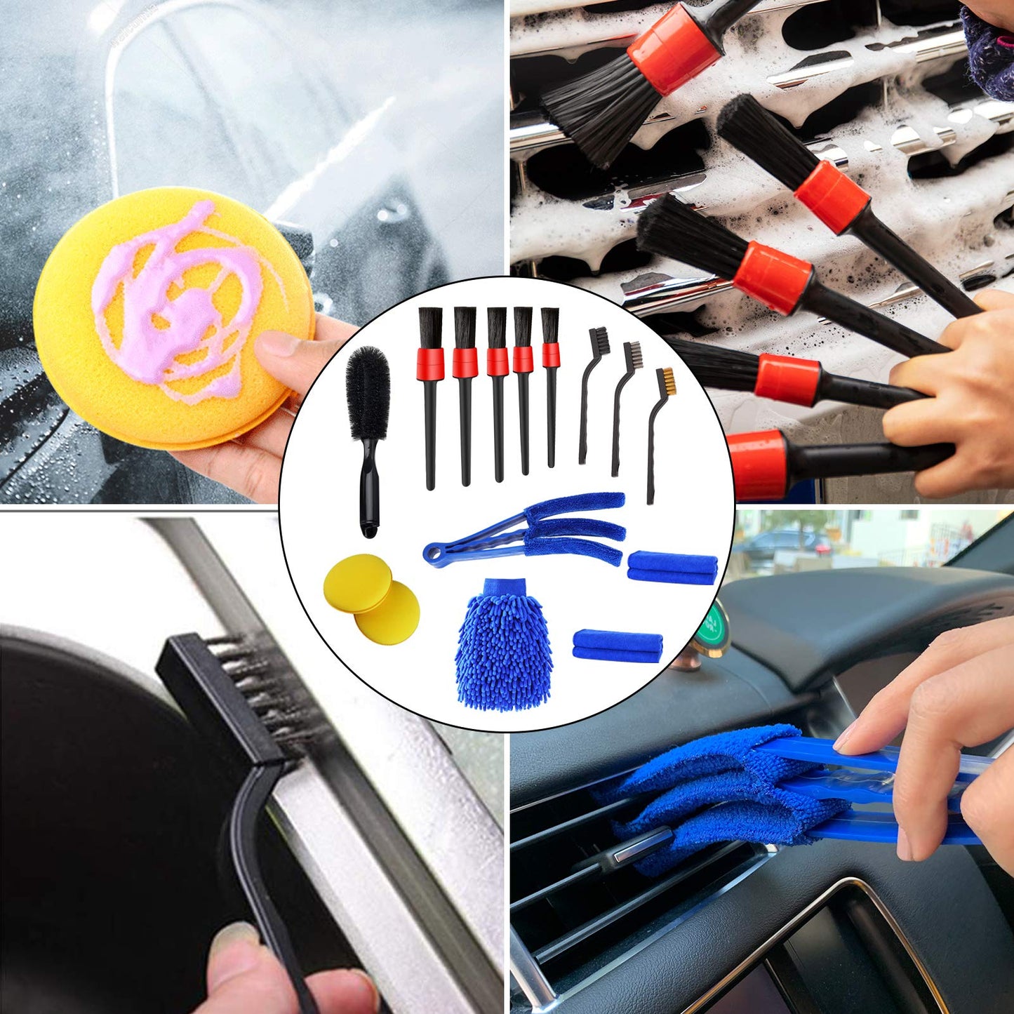 Jaronx 15 PCS Car Detailing Brush Set, Exterior Interior Car Detail Kit Auto Cleaning Brush for Wheels,Leather(Detail Brushes, Wheel Brush, Wash Mitt,Vent Brush,Wax Applicator Pads,Towels,Wire Brushs)