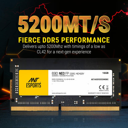 Ant Esports 690 NEO FP 16GB (1 * 16GB) DDR5 5200 MHz CL 42-42-42-84 262-PIN SO-DIMM Laptop Memory - AE16GD5S52M08C