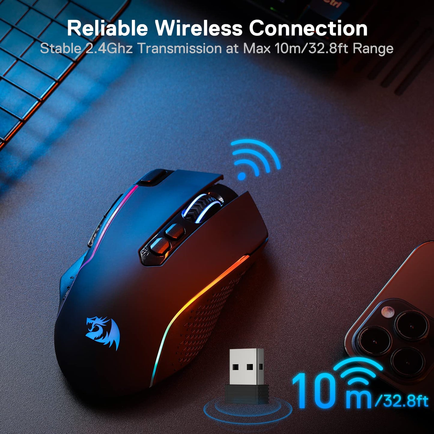 Redragon M810 Pro Wireless Gaming Mouse, 10000 DPI Wired/Wireless Gamer Mouse w/Rapid Fire Key, 8 Macro Buttons, 45-Hour Durable Power Capacity and RGB Backlit for PC/Mac/Laptop