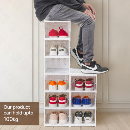 ABOUT SPACE Sneaker Box- 6 Tier Shoe Rack | Collapsible Shoe Organiser With Door-Foldable Sneaker Crates Footwear Organiser For Men, Women, Heels, Boots, Loafers, Sneakers, Slippers (White) - Plastic