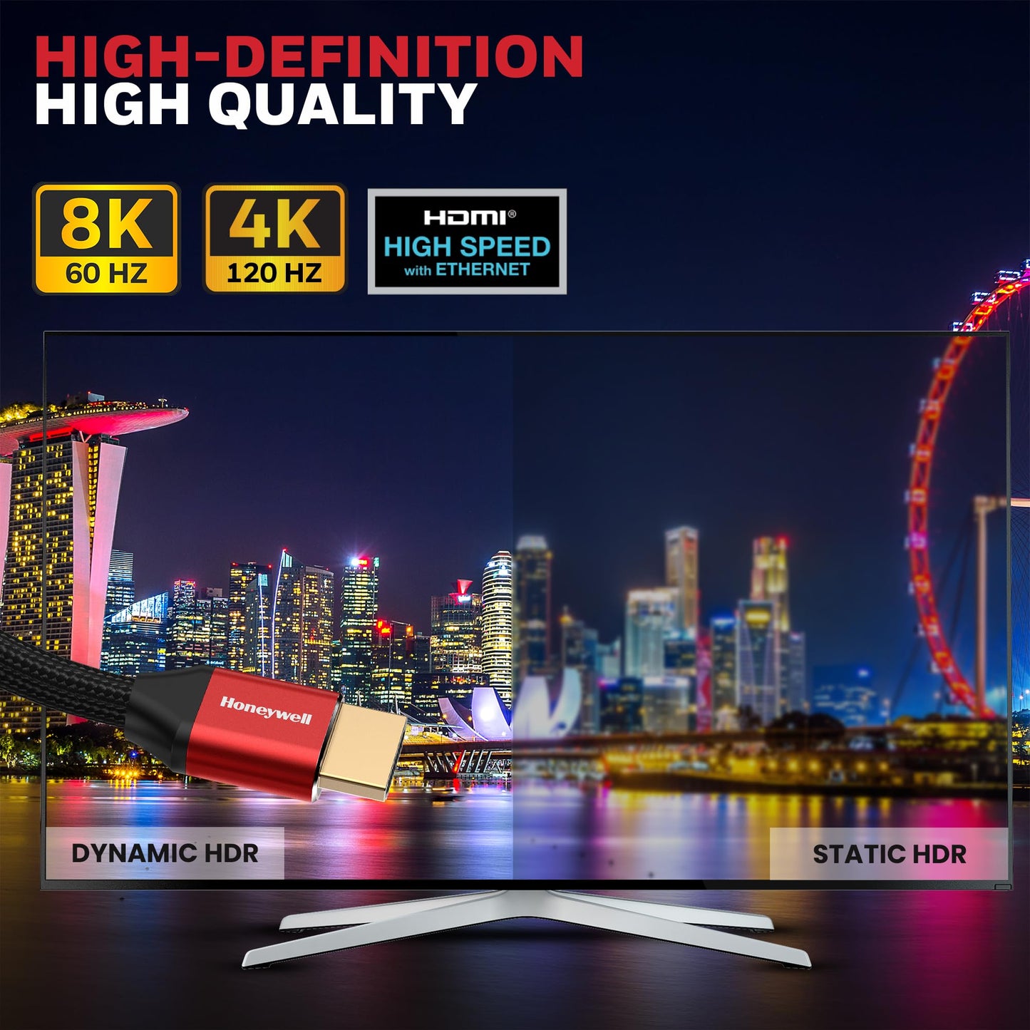 Honeywell HDMI Cable 2.1 with Ethernet, 8k@60Hz, 4k@120Hz UHD Resolution, 1 Mtr(3.3ft), 48 GBPS Transmission Ultra High Speed, Dolby DTS, eARC, 3D,Male-to-Male,Compatible with all HDMI-Enabled Devices