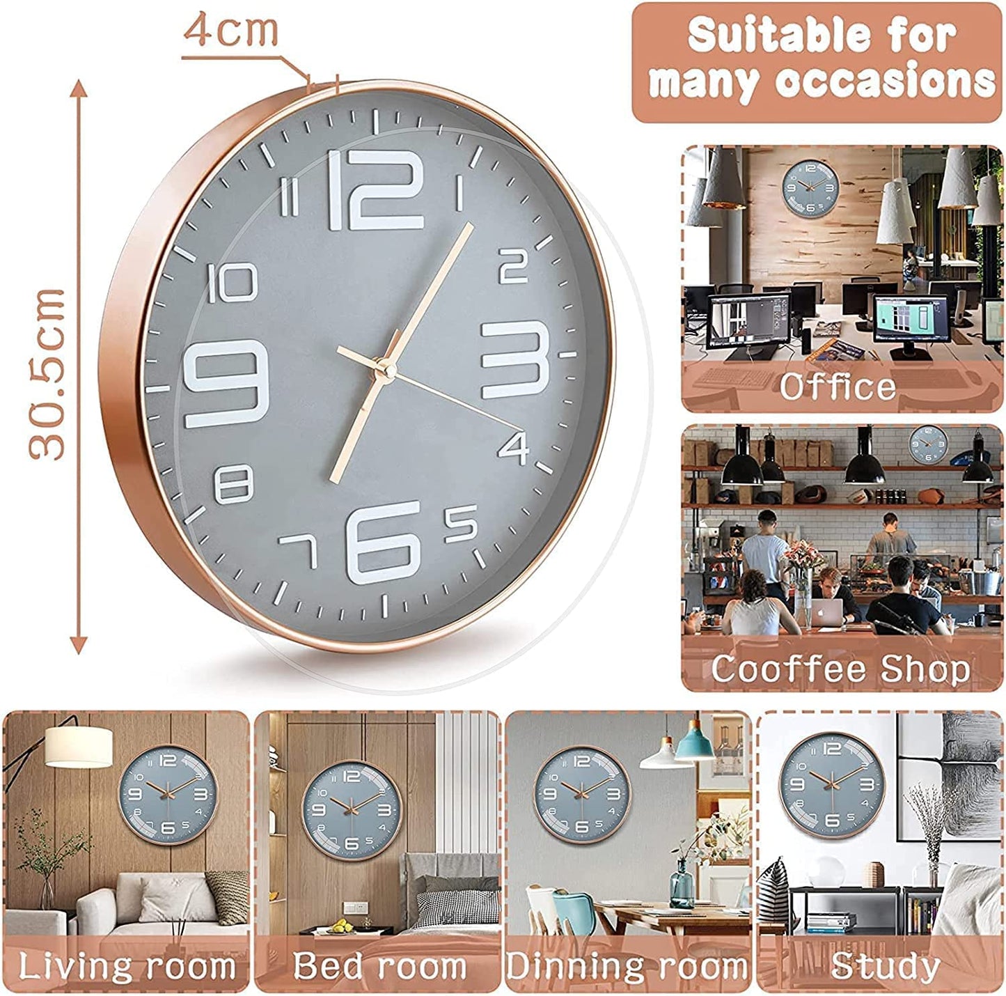 Rylan Wall Clock 12" Silent Quartz Decorative Latest Analog Wall Clock Non-Ticking Classic Clock Battery Operated Round Easy to Read for Room/Home/Kitchen/Bedroom/Office/School, Plastic - Grey Gold