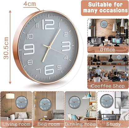 Rylan Wall Clock 12" Silent Quartz Decorative Latest Analog Wall Clock Non-Ticking Classic Clock Battery Operated Round Easy to Read for Room/Home/Kitchen/Bedroom/Office/School, Plastic - Grey Gold