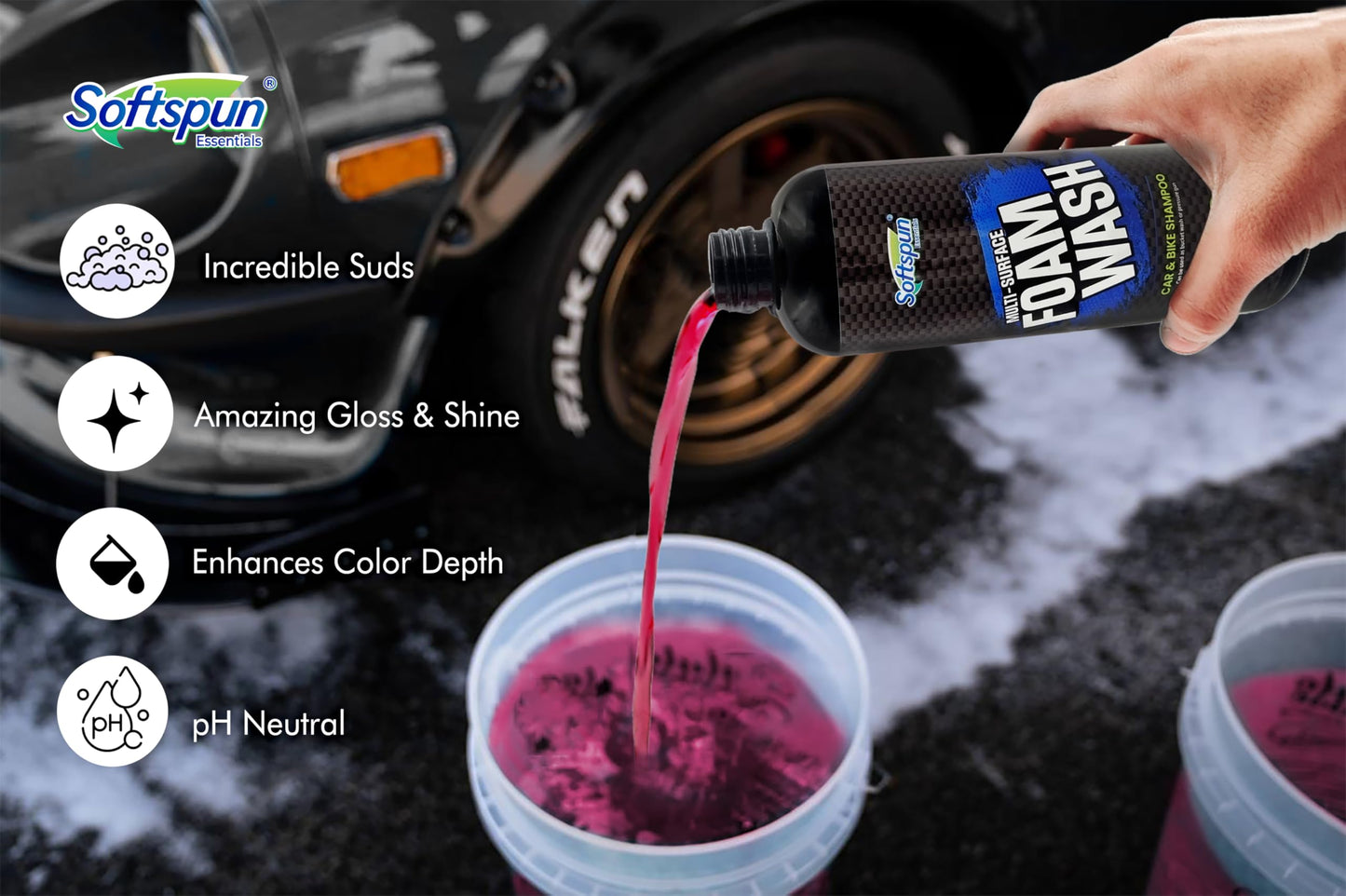 SOFTSPUN Microfiber 1700gsm 1pcs Glove Grey + 1Ltr Car & Bike Premium Liquid Shampoo Combo | Extra Suds, Removes Tough Dirt & Grime | pH Neutral | Works with Bucket & Foam Cannon