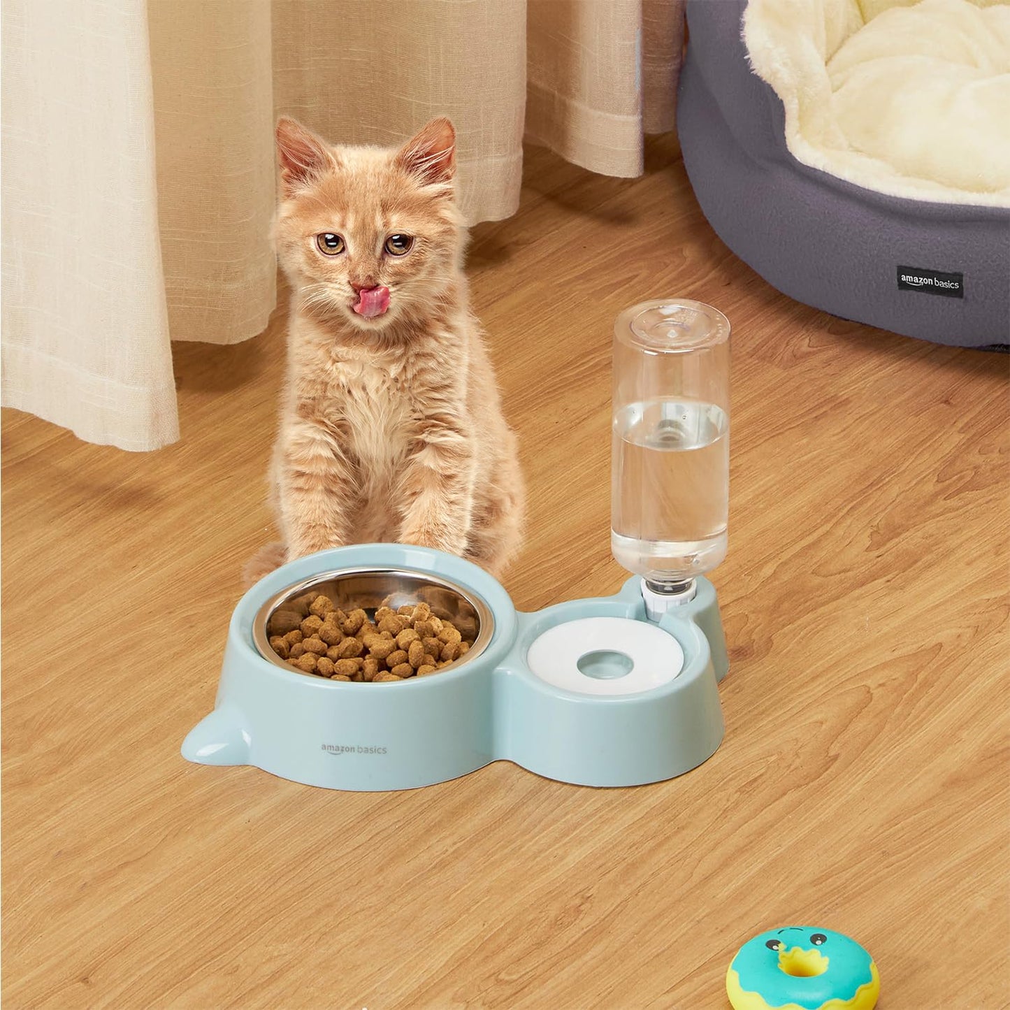 amazon basics 2 In1 Pet Feeder Food and Water Dispenser|Stainless Steel Bowl|Automatic Water Dispensing Mechanism|Suitable for Cats and Dogs,?32 cm,H_22 cm,W_16.5 cm