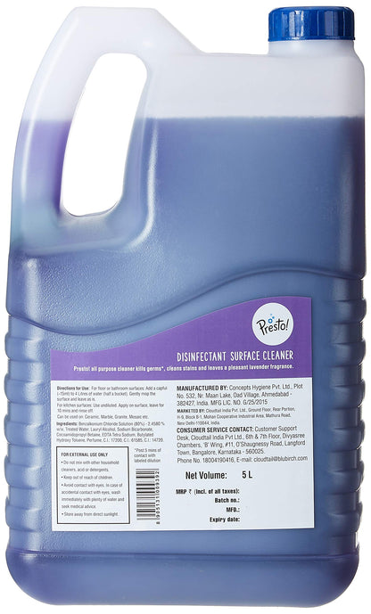 Amazon Brand - Presto! Disinfectant Surface/Floor Cleaner - 5 L (Lavender)|Kills 99.9% Germs