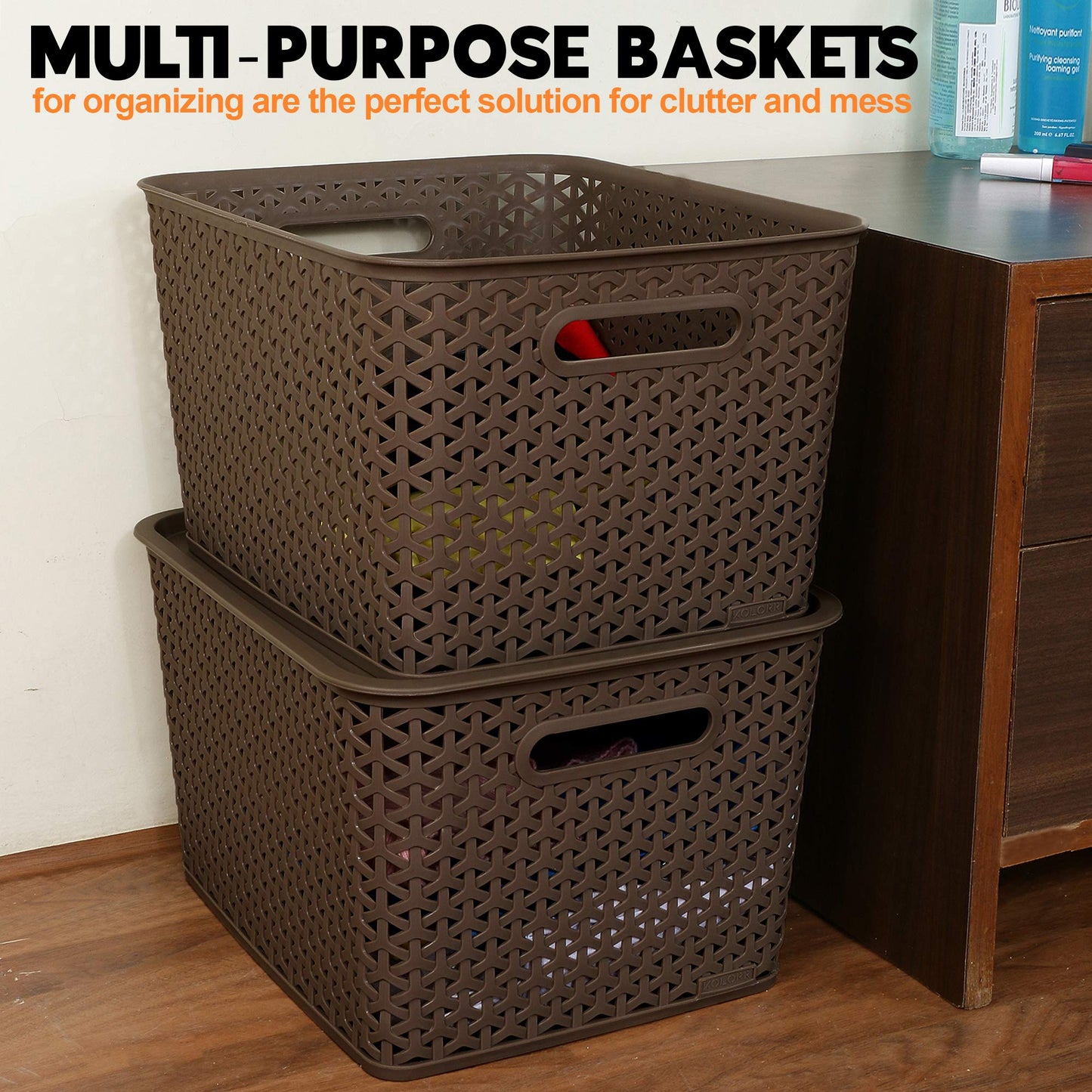 Bel Casa Royal Basket Large Pack Of 2 With 2 Lids Multipurpose Plastic Storage Baskets, Rectangular - Dark Brown