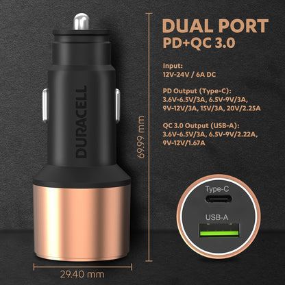 Duracell 65W Fast Car Charger Adapter with Dual Output. Quick Charge, Type C PD 45W & Qualcomm Certified 3.0 20W, Compatible for iPhone, All Smartphones, Tablets & More (Copper & Black)