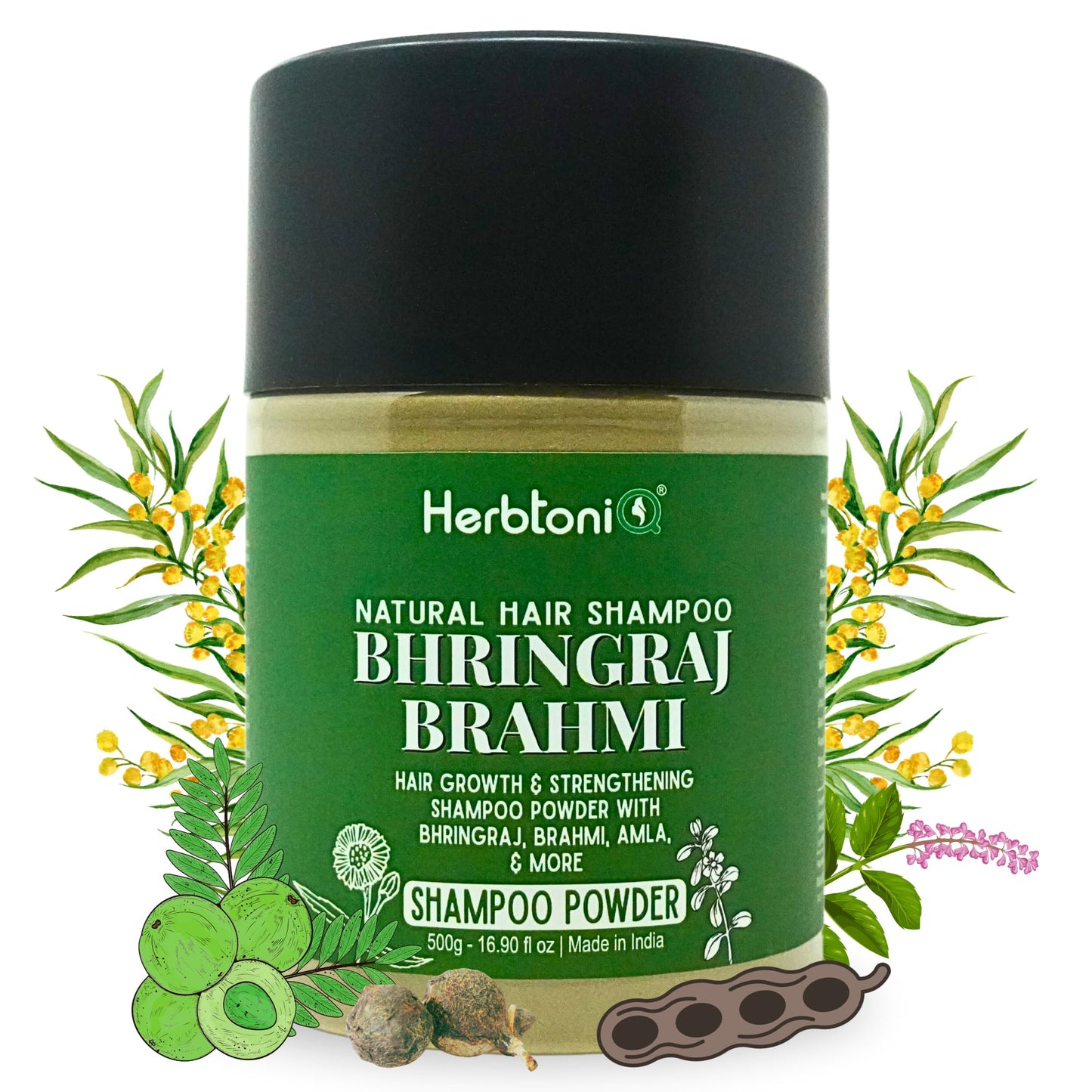 HerbtoniQ Bhringraj Brahmi Shampoo Powder with Organic Ingredients Amla Shikakai Hibiscus and Many More | For Hair Fall Reduction, Dandruff Control, Helps Hair Growth | Unisex Product | 500 Gram