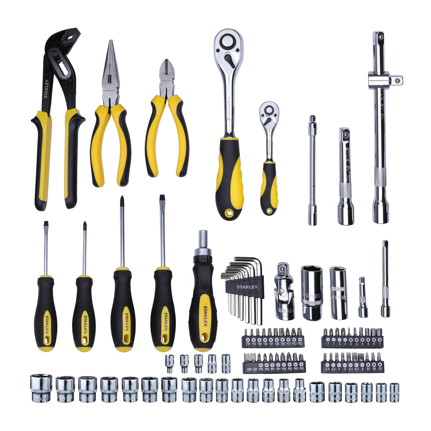 Stanley STMT81243 110-Piece High Quality Multi-Toolkit containing Pliers, Spanners, Drivers, Sockets, Bits, Wrenches & Ratchets for Home, DIY & Professional Use, 1 Year Warranty, Yellow & Black