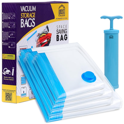 ABOUT SPACE 5 Pack Vacuum Bags for Travel with Hand Pump (1 Large/2 Medium/2 Small) Airtight Reusable Space Saver Compression Storage Bags for Packing, Vaccine Sealer Bags with Ziplock for Clothes