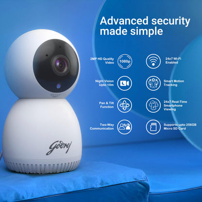 Godrej Security Solutions EVE PRO panTilt Smart WiFi Security Camera for Home with 350 Degree 2MP (HD) | 2-Way Audio | Night Vision | Smart Motion Tracking | Alarm System, White