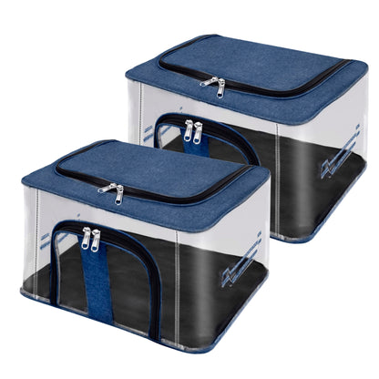 Storite 2 Pack Nylon 33 L PVC Transparent Moisture Proof Storage box for Clothes Closet Wardrobe Organizer for Clothes Saree Bags with Carry Handle - (DarkBlue, 44 x 31 x 24 cm)