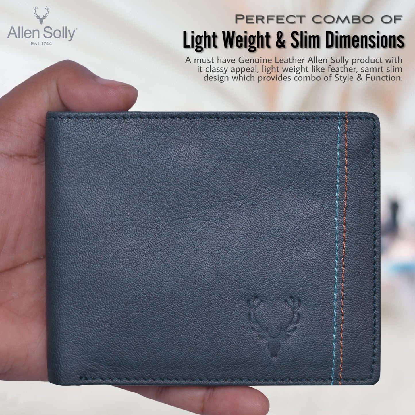 Allen Solly Bi Fold Slim & Light Weight Artificial Leather Men's Stylish Casual Wallet Purse with Card Holder Compartment (Blue)