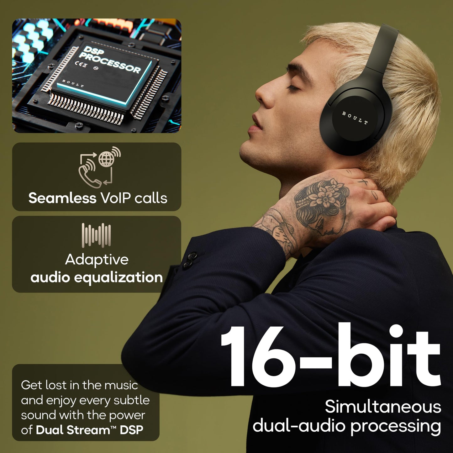 Boult Newly Launched Flex Over Ear Bluetooth Headphones with 80H Playtime, 40mm Bass Drivers, Zen™ ENC Mic, Type-C Fast Charging, 4 EQ Modes, Bluetooth 5.4, AUX Option, 60ms Low Latency, IPX5 (Black)