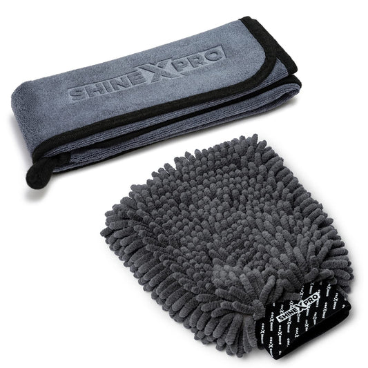 ShineXPro Microfiber Car Cleaning Cloth and Wash Mitt Kit - Includes OG Soft 500 GSM Extra Large (35x75 CM) Microfiber Cloth for Car and Dual Sided Chenille Microfiber Wash Mitt