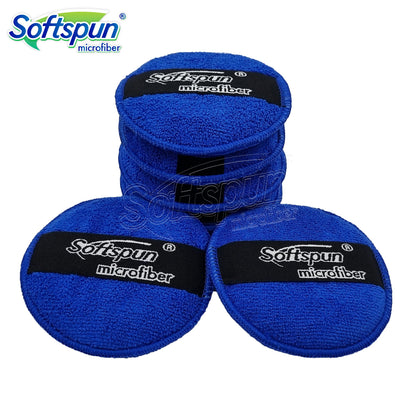 SOFTSPUN Microfiber Reusable Round Polishing Pad, 6 Pieces Set 340 GSM (Blue) Multipurpose. Ultra-Soft Application Pads with Finger Band Perfect Cleaning for Car, Bike, Window and More.…