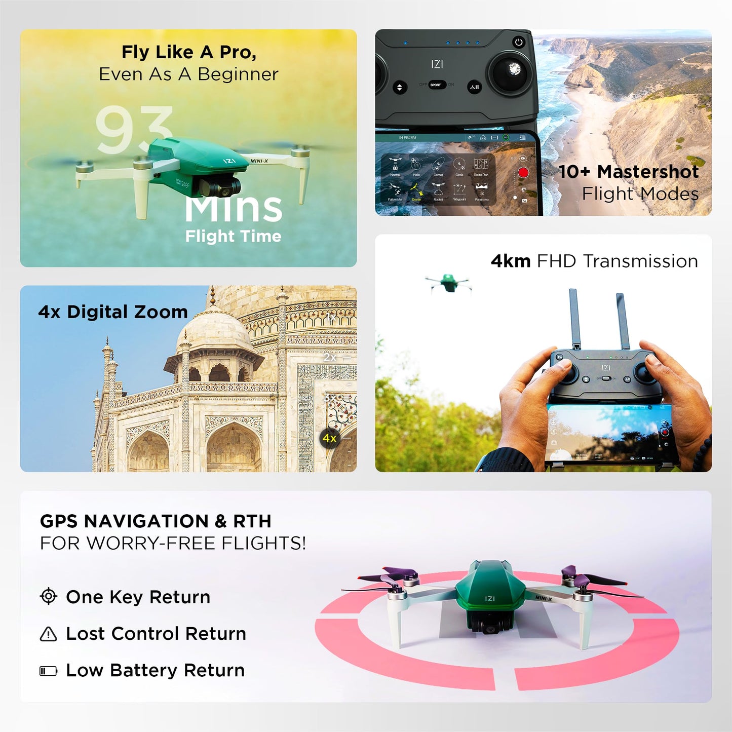 IZI Mini X Nano Fly More Combo 4K Drone with camera UHD 20MP CMOS, 4KM Live Video, 93-min Flight Time, GPS, 3-Axis Gimbal, 10+ Flight Modes, 3 x Smart Battery, Fast Tri-Charger, 249g