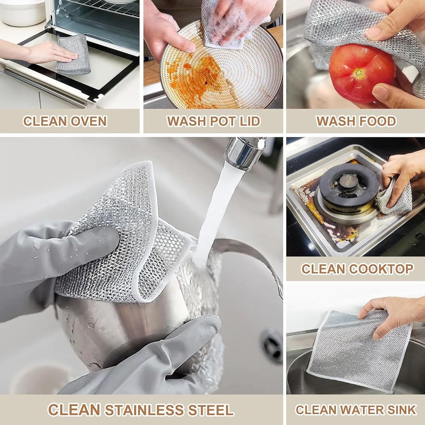 AKRIZA 5Pcs Multifunctional Non Scratch Dish Wash Cloth Double Layered Steel Wire Dishwashing Rags for Wet and Dry Stainless Steel Scrubber for Utensils Kitchen Accessories Items Cleaning Supplies