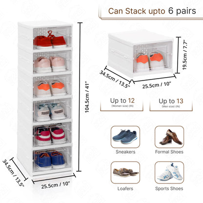 ABOUT SPACE Sneaker Box- 6 Tier Shoe Rack | Collapsible Shoe Organiser With Door-Foldable Sneaker Crates Footwear Organiser For Men, Women, Heels, Boots, Loafers, Sneakers, Slippers (White) - Plastic