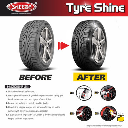 SHEEBA TYRE SHINE Polish with foam applicator pad for Cars & Bikes, Original Back to Black look, Long Lasting Results, for Rubber, Plastic Parts, Prevents Premature Ageing, Dullness, Non Greasy: 250mL