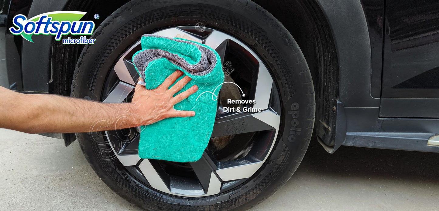 SOFTSPUN Microfiber Cloth for Car 1600 GSM 40x60 cms 1 Pcs Aqua Blue & Grey Twisted Loop Super Absorbent Towel - Edgeless Design with Plush Pile and Lint Free Cloth for Drying and Detailing.