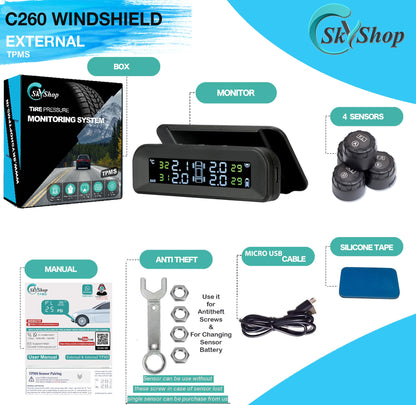 Skyshop® Solar C260 (Voice Alert) Windshield USB/Solar TPMS (Car Tyre Pressure Monitoring System) Suitable for All Car with 4 Tires Sensors PSI & Temperature Display (External)