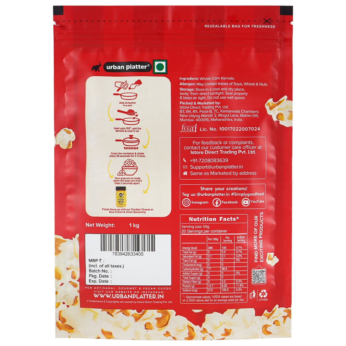 Urban Platter Pop Corn Kernels, 1kg