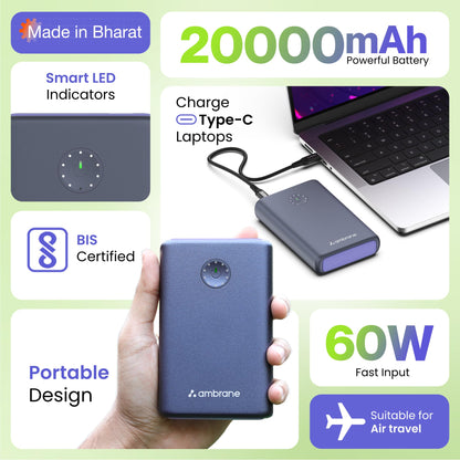 Ambrane 85W Fast Charging Powerbank for MacBook, Type C Laptop & Mobile Charging, 20,000mAh Battery, Triple Output, Power Delivery & Quick Charge (Powerlit Ultra lite, Black)