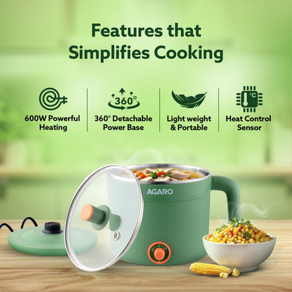 AGARO Regency Multi Cook Kettle With Steamer, 1.2L Inner Pot, Double Layered Body, Variable Temperature Settings, Wide Mouth, Boiling, Steaming, Tea, Coffee, Egg, Vegetable Boiling, 600W, Sea Green