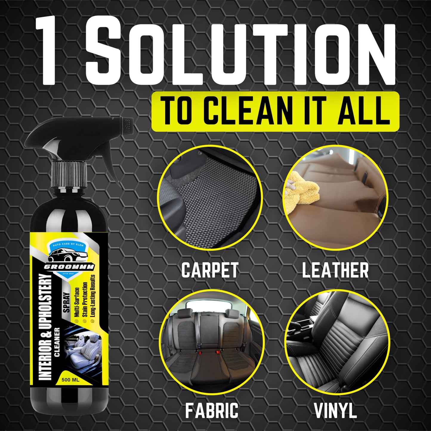 Groommm Car Interior Cleaner (500ml) with Microfiber Cloth | Upholstery Cleaner | Easy to use & Eco Friendly Car Seat Cleaner | Fabricare Sofa Cleaner | Suitable for Leather, Vinyl, Plastic, Fabric