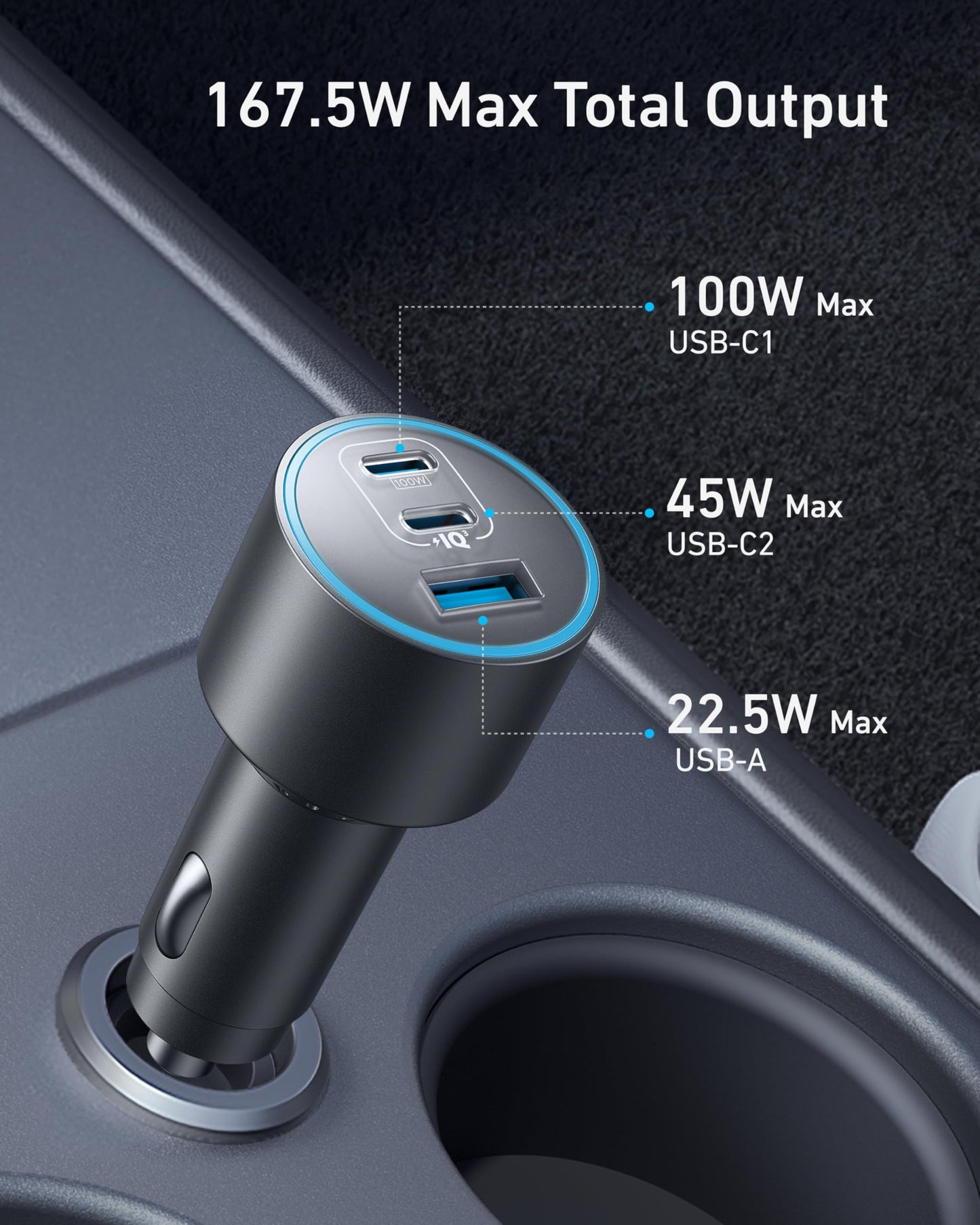 Anker USB-C Car Charger, 167.5W Max 3-Port Ultra-Compact Type-C Fast Car Charger, for MacBook Pro/Air, iPhone 15/14 / 13 Series, Samsung S24 / S23, iPad Pro, AirPods, and Mo