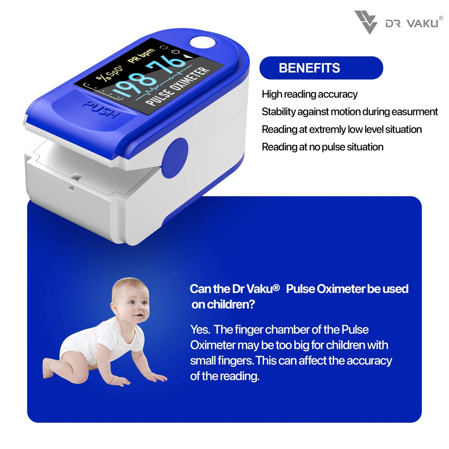 DR VAKU® Swadesi Pulse Oximeter Fingertip, Blood Oxygen Saturation Monitor Fingertip, Blood Oxygen Meter Finger Oximeter Finger with Pulse, with Four Color TFT Screen [Battery Included] - Blue